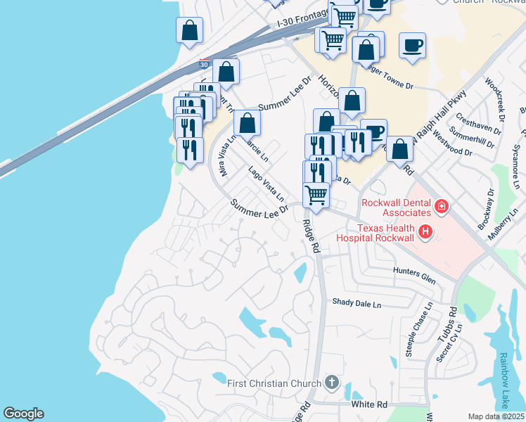 map of restaurants, bars, coffee shops, grocery stores, and more near 2944 Newport Drive in Rockwall
