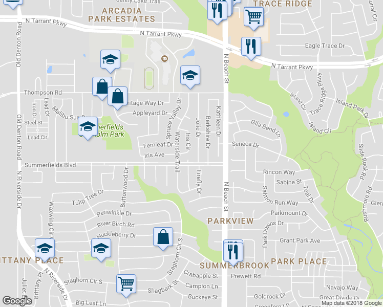 map of restaurants, bars, coffee shops, grocery stores, and more near 8024 Iris Circle in Fort Worth