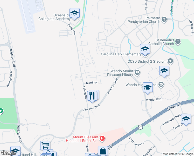 map of restaurants, bars, coffee shops, grocery stores, and more near Park Avenue Boulevard in Mount Pleasant