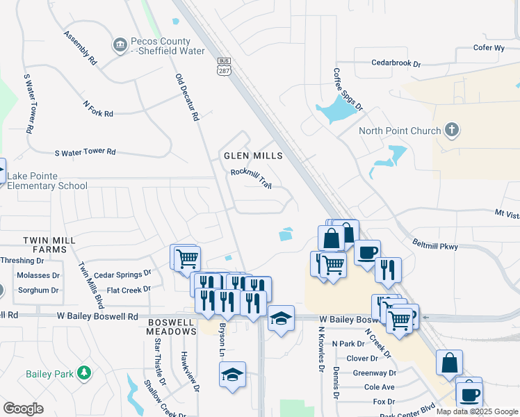map of restaurants, bars, coffee shops, grocery stores, and more near 4544 Wheatland Drive in Fort Worth