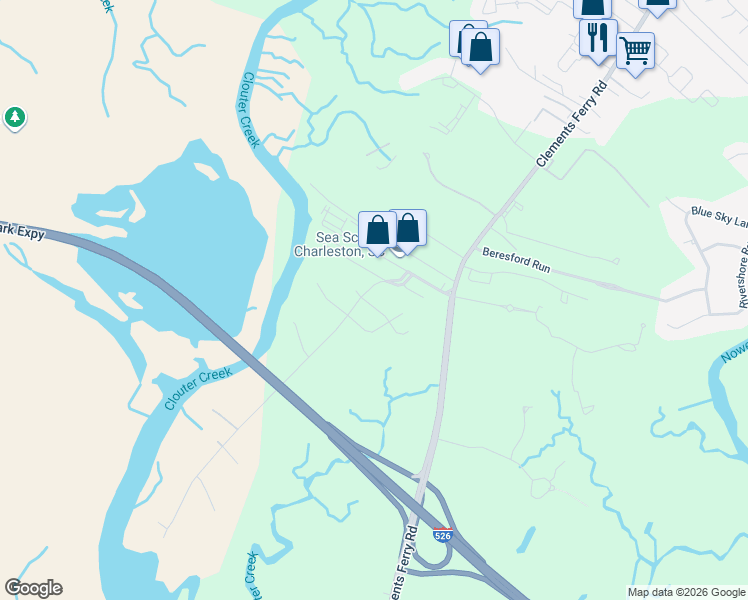map of restaurants, bars, coffee shops, grocery stores, and more near 1033 Pinefield Drive in Charleston