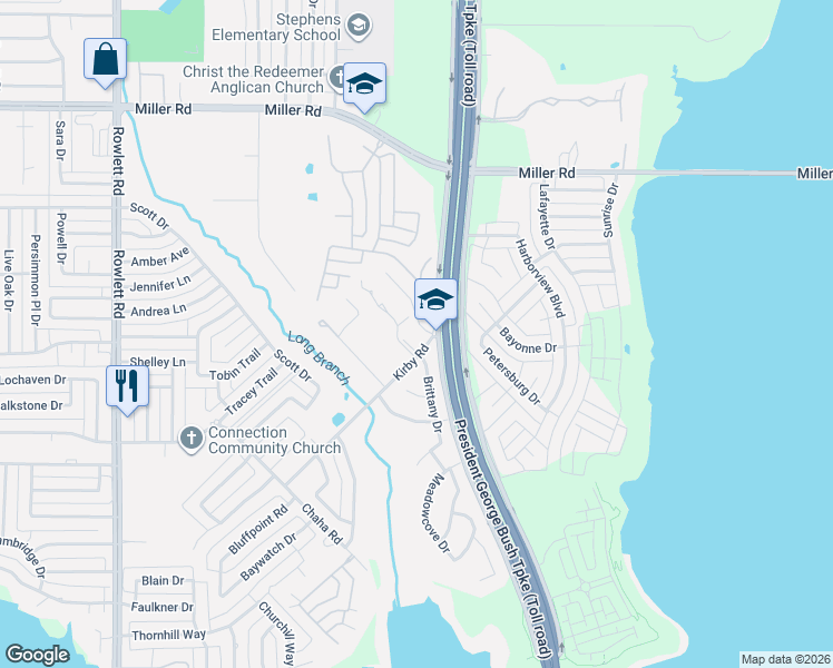 map of restaurants, bars, coffee shops, grocery stores, and more near 2521 Kirby Road in Rowlett