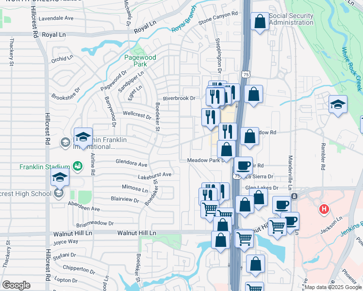 map of restaurants, bars, coffee shops, grocery stores, and more near 7620 Meadow Road in Dallas