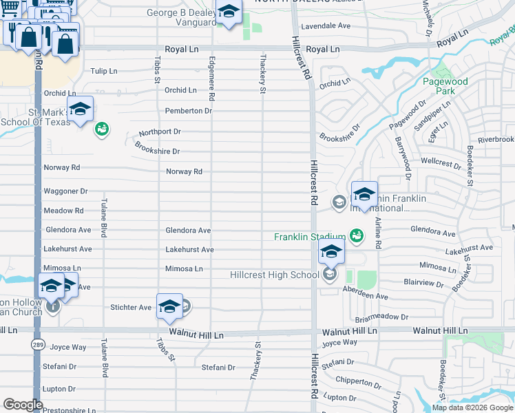 map of restaurants, bars, coffee shops, grocery stores, and more near 6622 Meadow Road in Dallas