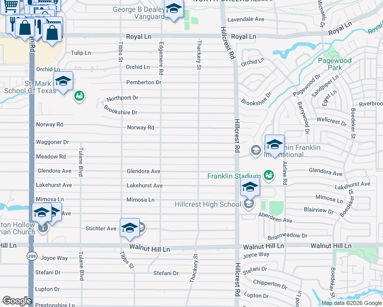 map of restaurants, bars, coffee shops, grocery stores, and more near 6622 Meadow Road in Dallas