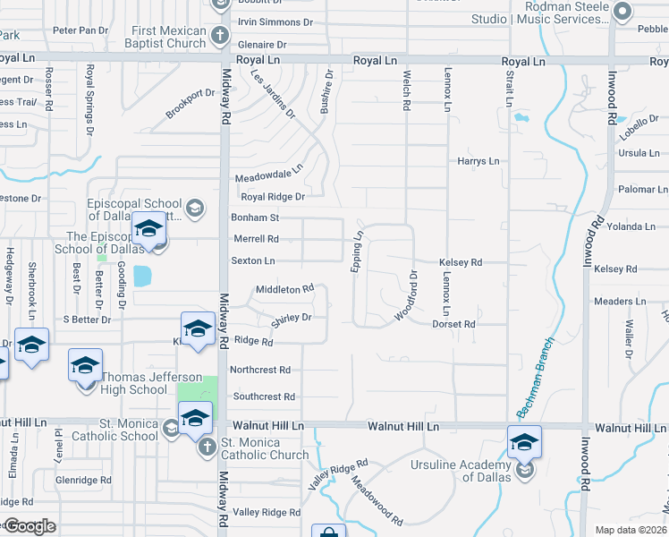 map of restaurants, bars, coffee shops, grocery stores, and more near 10255 Epping Lane in Dallas