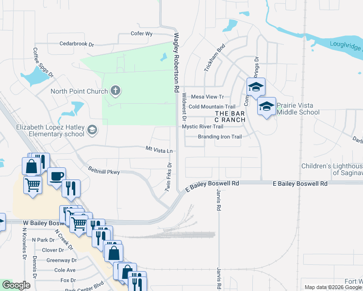 map of restaurants, bars, coffee shops, grocery stores, and more near 7901 Wildwest Drive in Fort Worth