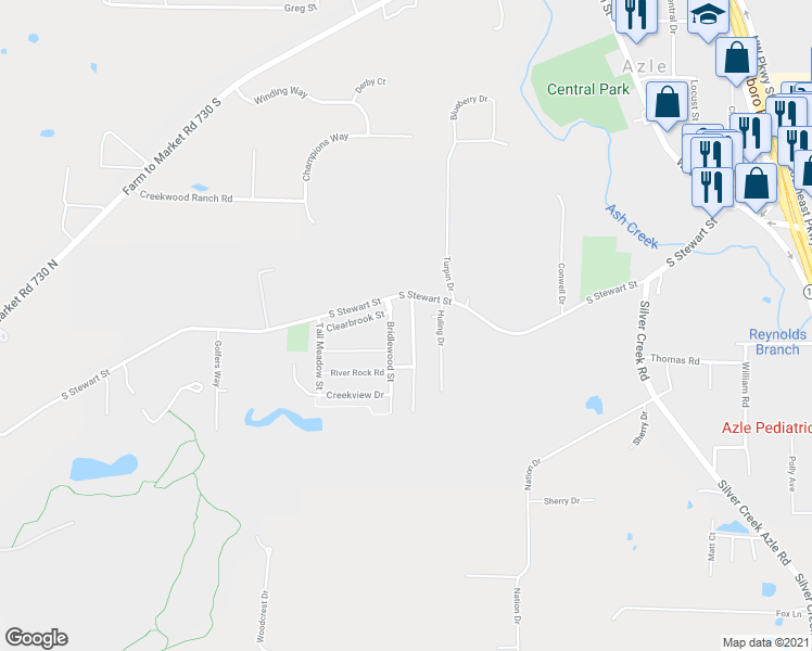 map of restaurants, bars, coffee shops, grocery stores, and more near 133 Bridlewood Street in Azle