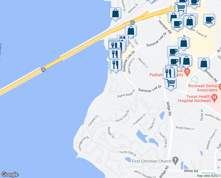 map of restaurants, bars, coffee shops, grocery stores, and more near 2133 Portofino in Rockwall