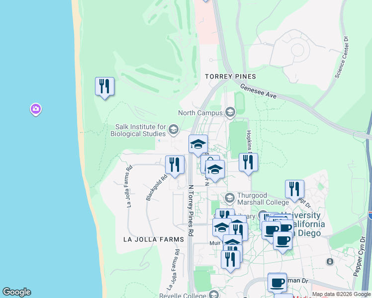map of restaurants, bars, coffee shops, grocery stores, and more near 10010 North Torrey Pines Road in San Diego