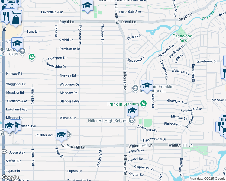 map of restaurants, bars, coffee shops, grocery stores, and more near 6739 Meadow Road in Dallas