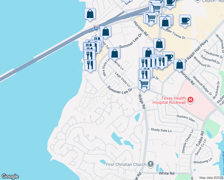 map of restaurants, bars, coffee shops, grocery stores, and more near 1102 Signal Ridge Place in Rockwall