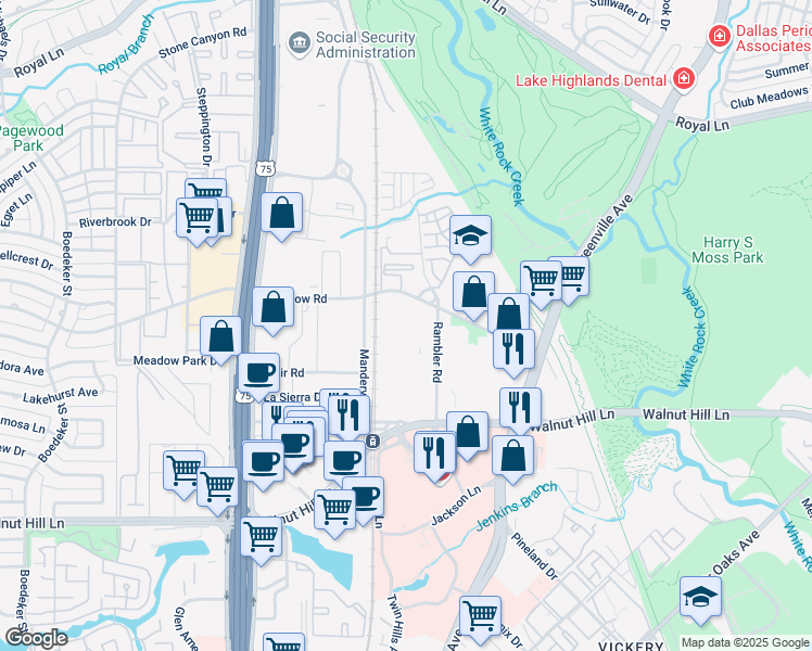 map of restaurants, bars, coffee shops, grocery stores, and more near 8250 Meadow Road in Dallas