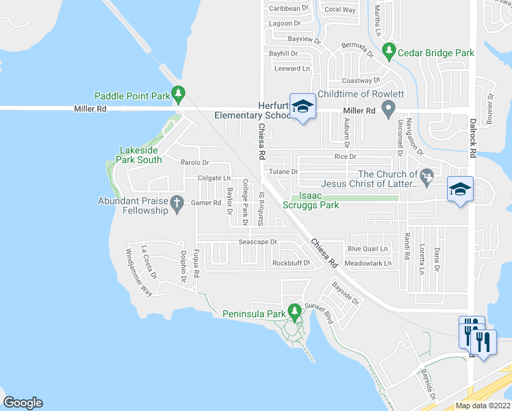 map of restaurants, bars, coffee shops, grocery stores, and more near 2601 College Park Drive in Rowlett