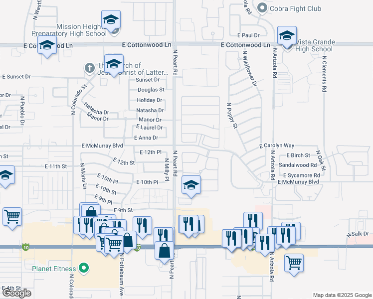 map of restaurants, bars, coffee shops, grocery stores, and more near 1526 East 12th Street in Casa Grande