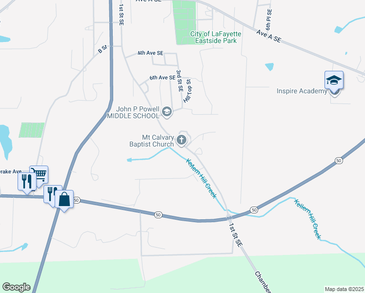 map of restaurants, bars, coffee shops, grocery stores, and more near 739 1st Street Southeast in La Fayette