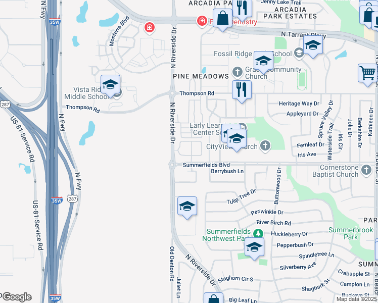 map of restaurants, bars, coffee shops, grocery stores, and more near 3624 Caroline Court in Fort Worth