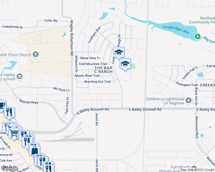 map of restaurants, bars, coffee shops, grocery stores, and more near 301 Mariscal Place in Fort Worth