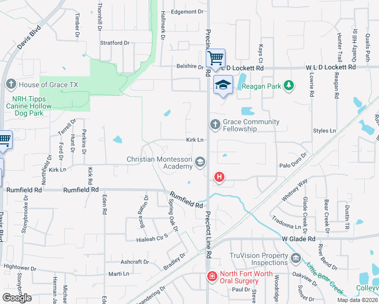 map of restaurants, bars, coffee shops, grocery stores, and more near 9520 Kirk Lane in North Richland Hills