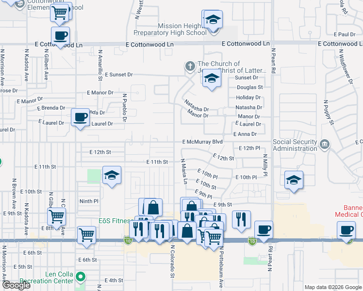 map of restaurants, bars, coffee shops, grocery stores, and more near 1311 East 12th Street in Casa Grande