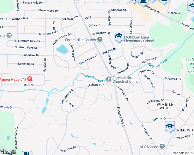 map of restaurants, bars, coffee shops, grocery stores, and more near 704 Lokchapee Drive in Macon