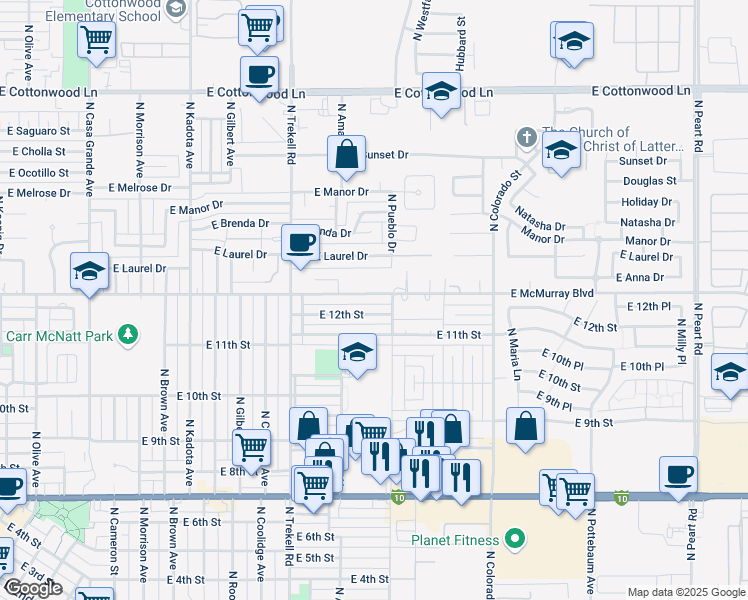 map of restaurants, bars, coffee shops, grocery stores, and more near 1149 East 12th Street in Casa Grande