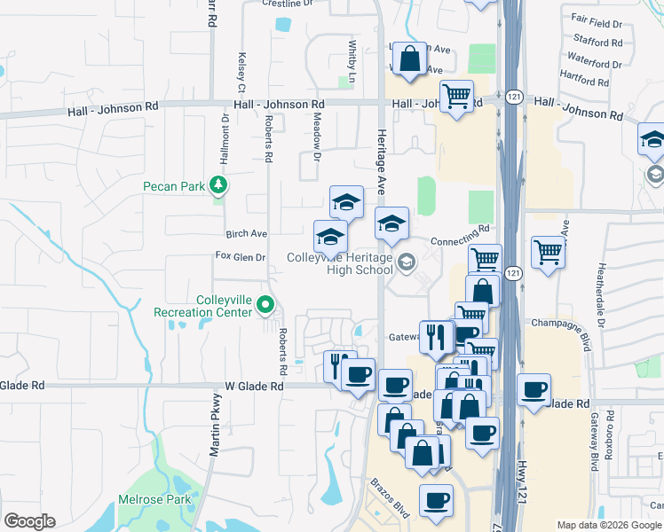 map of restaurants, bars, coffee shops, grocery stores, and more near 5300 Heritage Avenue in Colleyville
