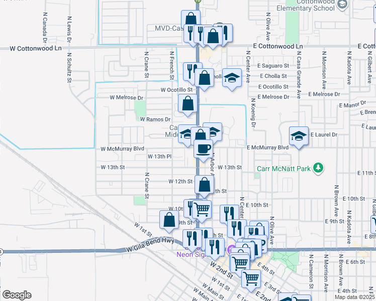 map of restaurants, bars, coffee shops, grocery stores, and more near 409 West McMurray Boulevard in Casa Grande