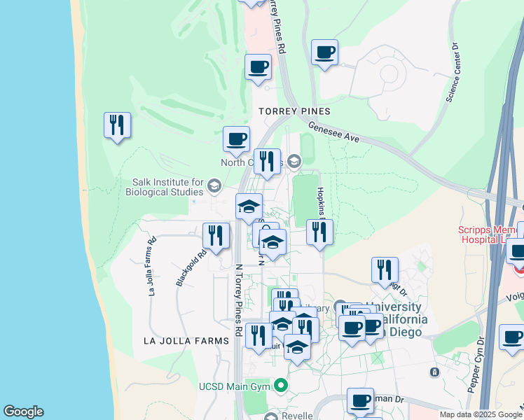 map of restaurants, bars, coffee shops, grocery stores, and more near 9500 Gilman Drive in San Diego