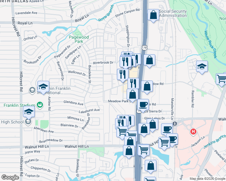 map of restaurants, bars, coffee shops, grocery stores, and more near 7711 Meadow Park Drive in Dallas