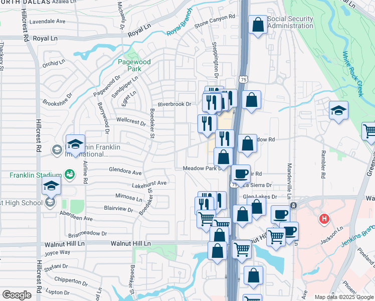 map of restaurants, bars, coffee shops, grocery stores, and more near 7711 Meadow Park Drive in Dallas
