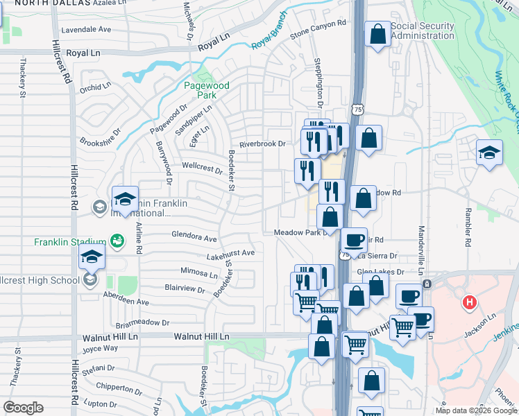 map of restaurants, bars, coffee shops, grocery stores, and more near 7620 Meadow Road in Dallas