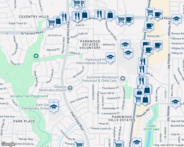 map of restaurants, bars, coffee shops, grocery stores, and more near 7924 Rogue River Trail in Fort Worth