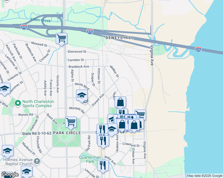 map of restaurants, bars, coffee shops, grocery stores, and more near 5007 Jenkins Avenue in North Charleston