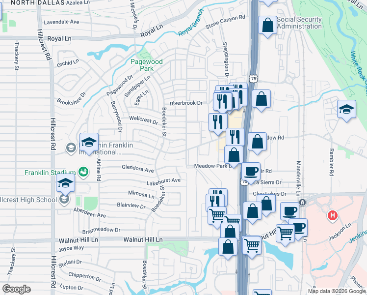 map of restaurants, bars, coffee shops, grocery stores, and more near 7617 Meadow Oaks Drive in Dallas
