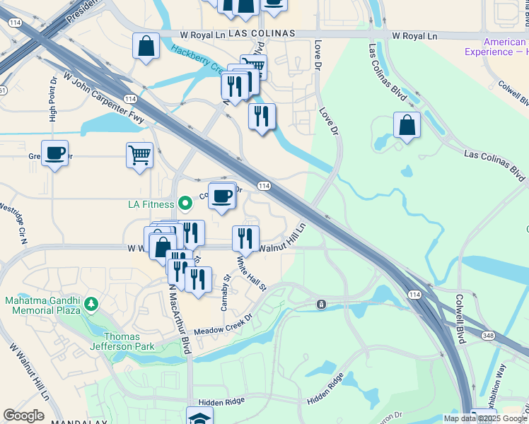 map of restaurants, bars, coffee shops, grocery stores, and more near 750 West John W Carpenter Freeway in Irving