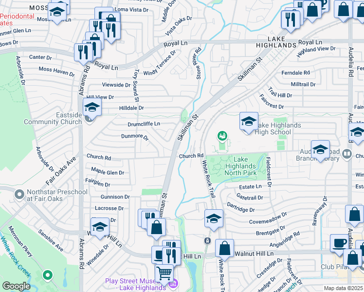 map of restaurants, bars, coffee shops, grocery stores, and more near 9243 Church Road in Dallas