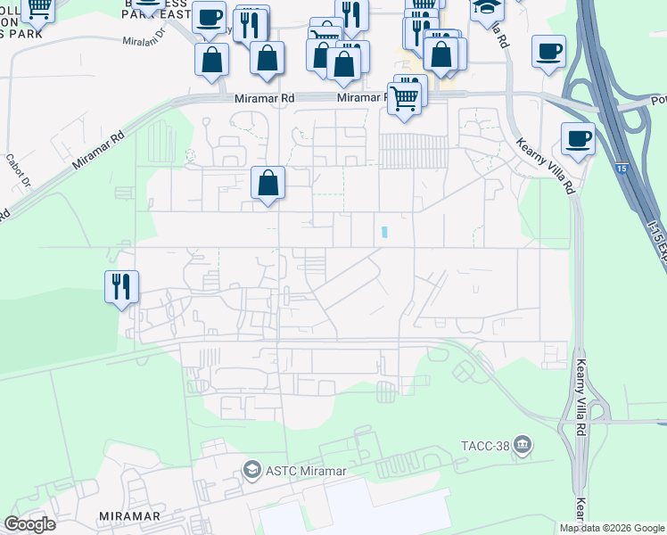 map of restaurants, bars, coffee shops, grocery stores, and more near Bauer Road in San Diego