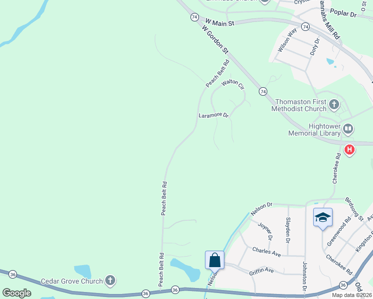 map of restaurants, bars, coffee shops, grocery stores, and more near 380 Peach Belt Road in Thomaston