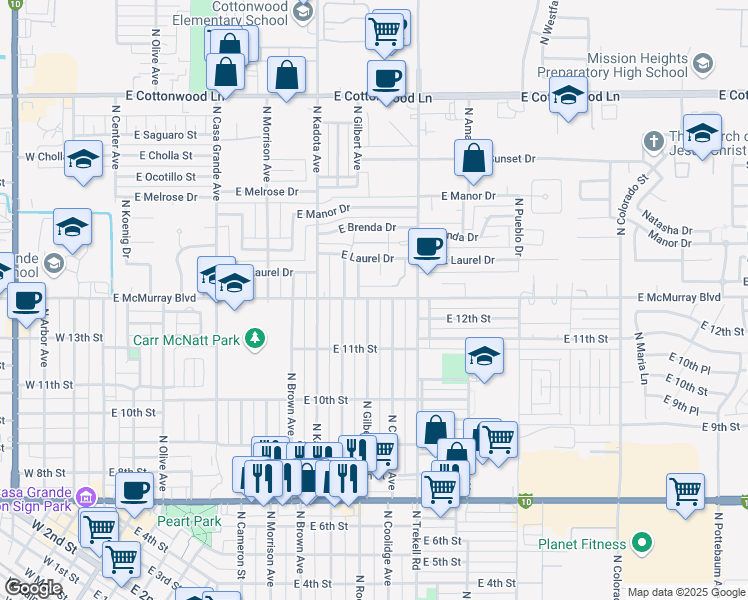 map of restaurants, bars, coffee shops, grocery stores, and more near 738 East Pepper Drive in Casa Grande