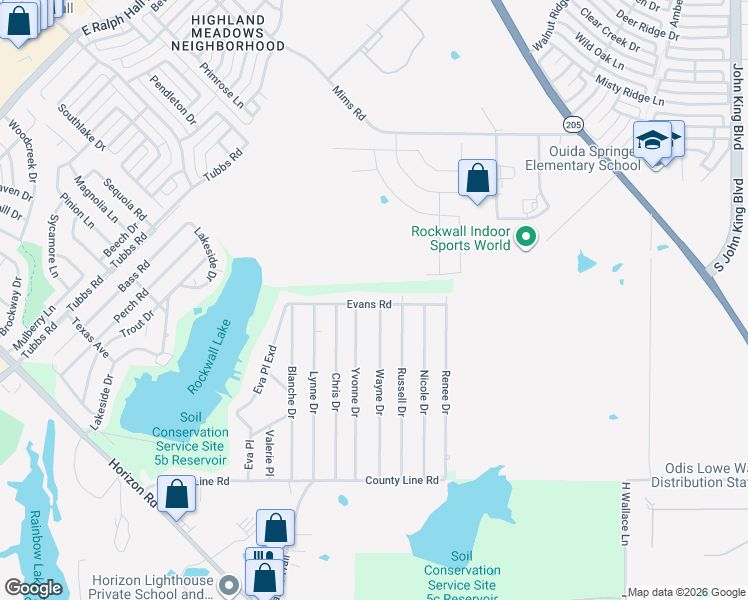 map of restaurants, bars, coffee shops, grocery stores, and more near 358 Evans Road in Rockwall