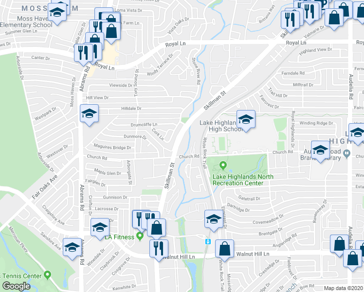 map of restaurants, bars, coffee shops, grocery stores, and more near 9243 Church Road in Dallas