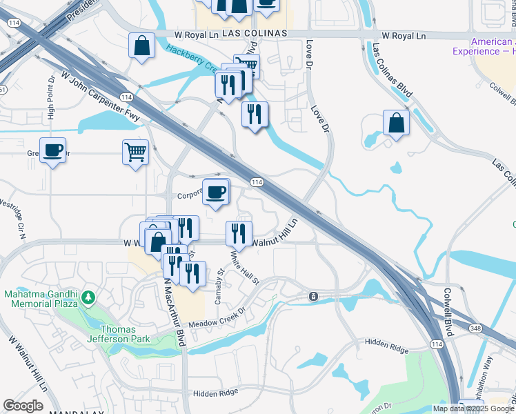 map of restaurants, bars, coffee shops, grocery stores, and more near 750 West John Carpenter Freeway in Irving