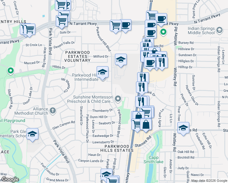 map of restaurants, bars, coffee shops, grocery stores, and more near 8112 Adcock Court in Fort Worth