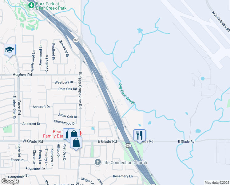 map of restaurants, bars, coffee shops, grocery stores, and more near 4501 Texas 360 in Grapevine