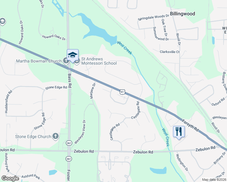 map of restaurants, bars, coffee shops, grocery stores, and more near 147 Wolf Creek Drive North in Macon