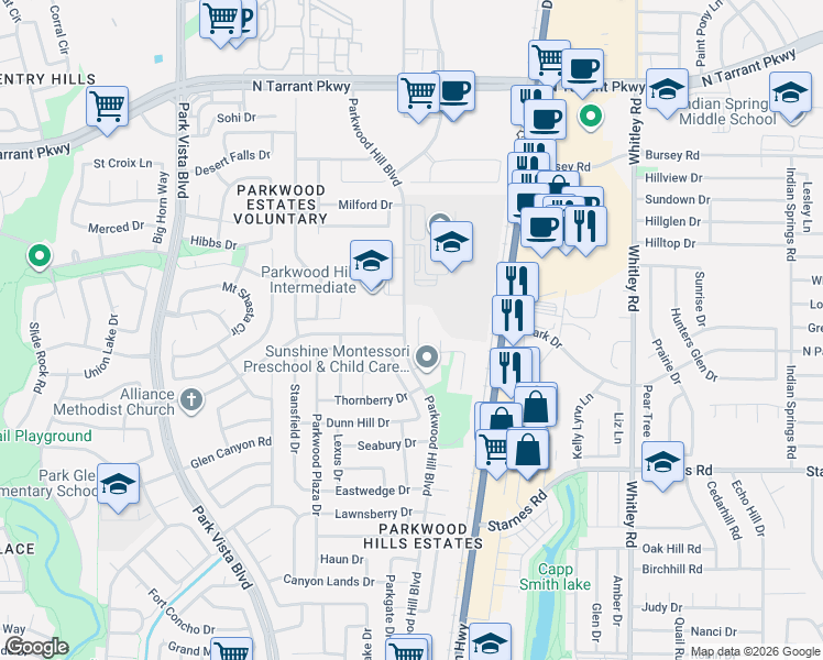 map of restaurants, bars, coffee shops, grocery stores, and more near 8112 Adcock Court in Fort Worth