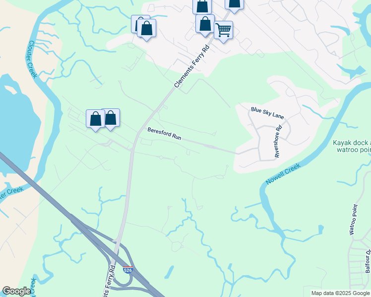 map of restaurants, bars, coffee shops, grocery stores, and more near 2637 Clements Ferry Road in Charleston