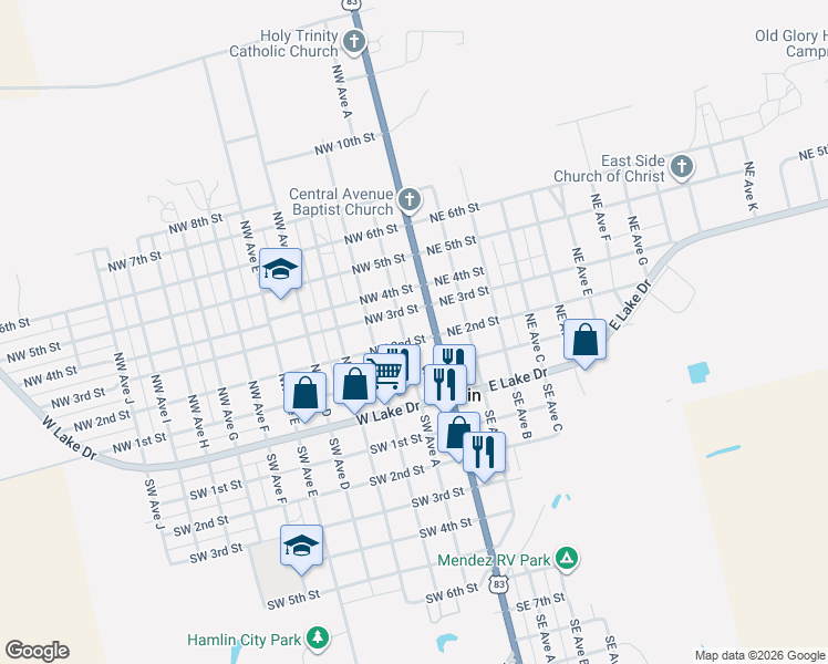 map of restaurants, bars, coffee shops, grocery stores, and more near 250 North Central Avenue in Hamlin