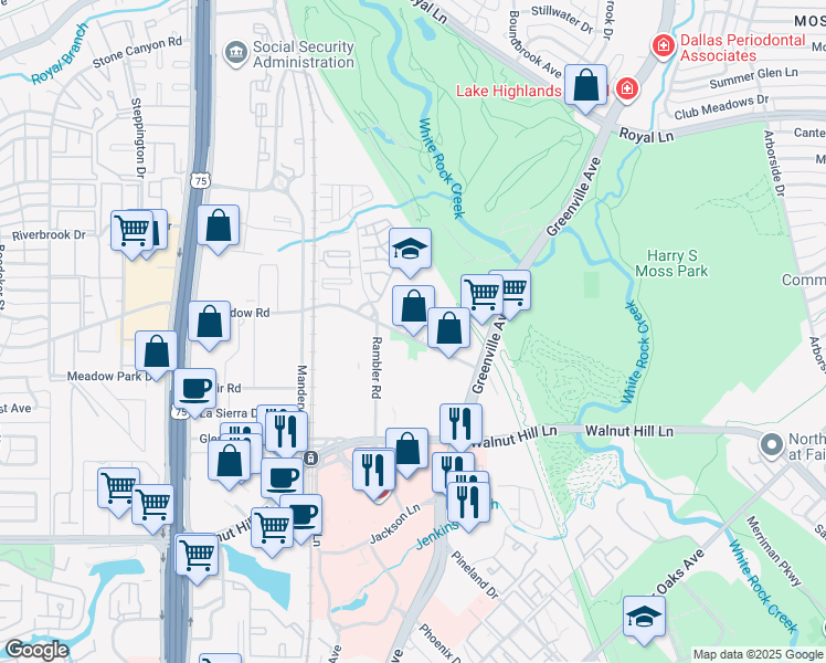map of restaurants, bars, coffee shops, grocery stores, and more near 8325 Meadow Road in Dallas